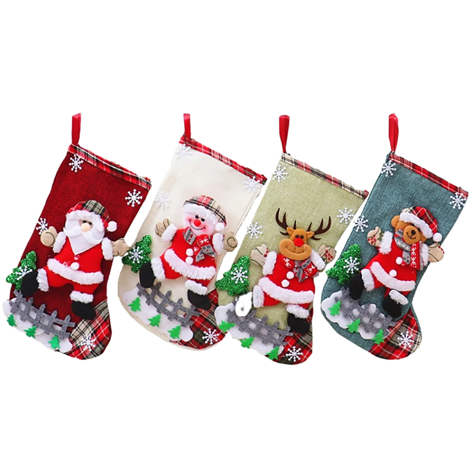 Christmas Stockings 4Pcs Christmas Stockings Set Large Capacity Christmas Ornament Sock Plush Santa Claus Snowman Bear Elk For Home Classroom Party