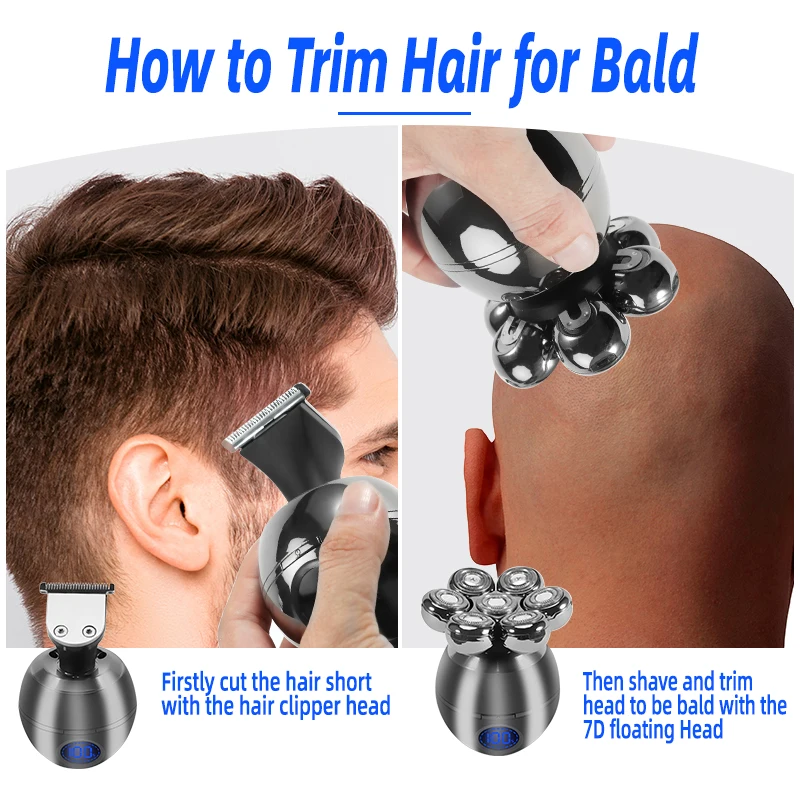 Electric Shaver 5 in 1 Head Shaver for Bald Men 7D Floating Cutter Beard Trimmer Clipper IP68 Waterproof Shaving USB Wireless Charging