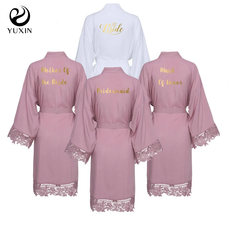 

lace robe New Mauve Solid Cotton Kimono Robes with Lace Trim Women Wedding Bridal Robe Bathrobe Sleepwear White
