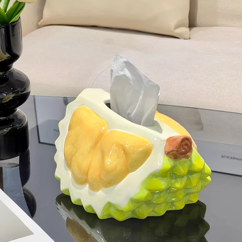 Creative Ceramic Fruit Durian Shaped Tissue Box Light Luxury Napkin Box Home Living Room Bedroom Hotel Tea Table Decoration, 1Pc