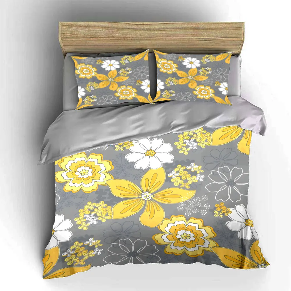 Yellow White Floral Seamless Bedding Set,Minimalist Grey Background Flower Print 1 Duvet Cover 2 Pillowcase,Soft Microfiber 3PC 5