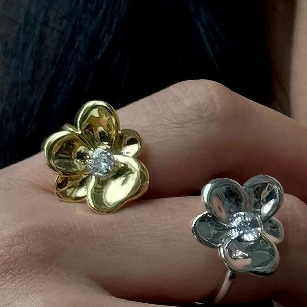 Charm Metal Petal Zircon Opening Rings for Women Stainless Steel 18K Gold Plated Flower Wedding Ring Unique Jewelry Accessories