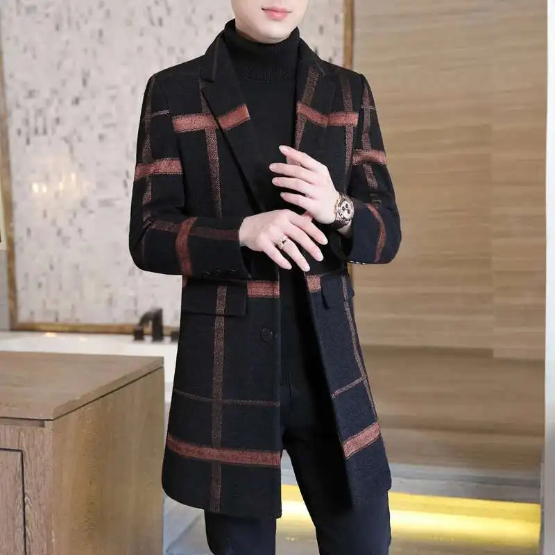 Grid Print Medium Length Thick Warm Versatile Jacket 2024 Winter Jacket Men Woolen Clothe Windbreaker Slim Abrigo Largo Hombre 2