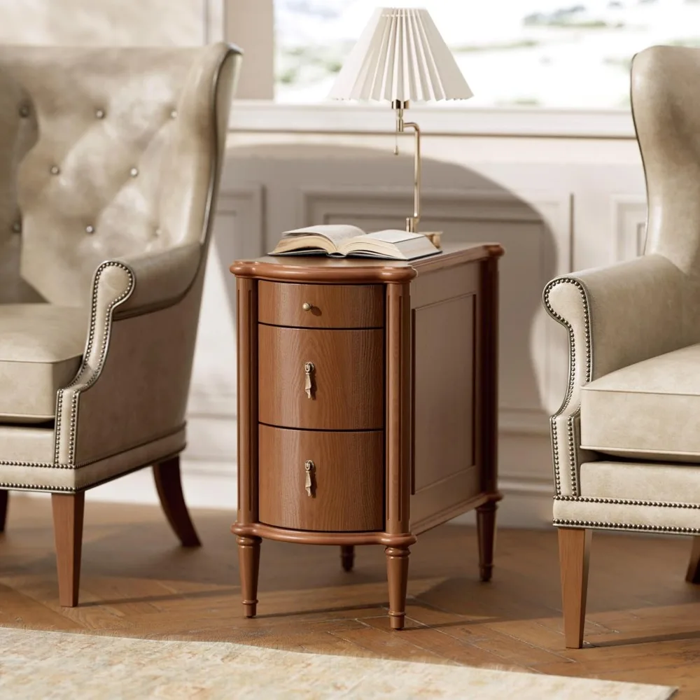 STO'SENSE Nightstand w/Charging Station & 3 Drawers, Pre-Assembled, Vintage Side Table w/Antique-Finished Pulls, Rustic Wood Fin