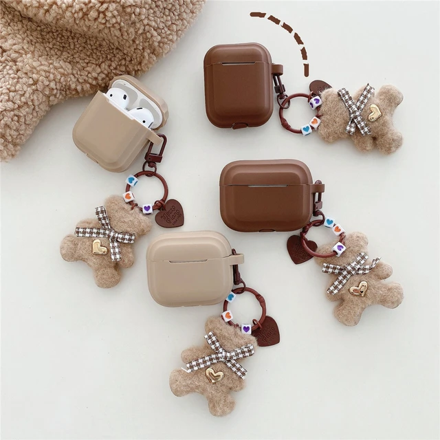 Brown Flower PU Leather AirPods Case Keychain Trinkets Fashion