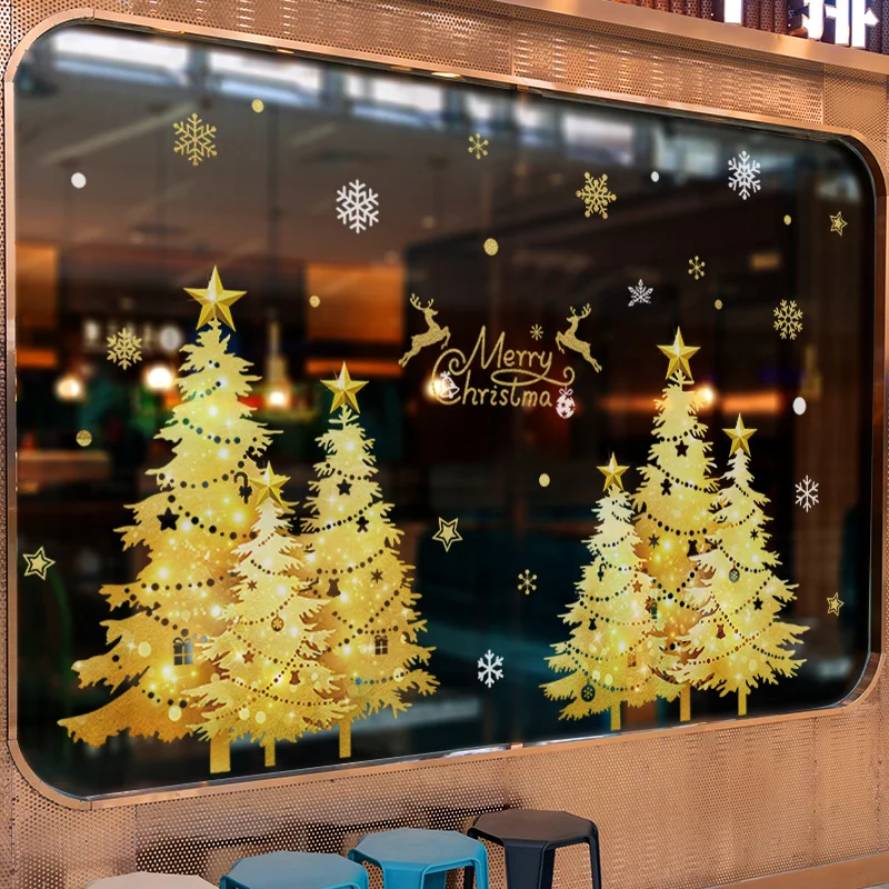 SHIJUEHEZI2023ChristmasWindowStickersDIYGoldTreesWallDecals