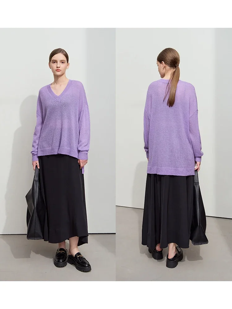 Amii Minimalism V-Neck Dopamine Shoulder Thin Pullover Split Asymmetrical Solid Long Sleeve Wool Loose Knitted Sweater 12521038 4