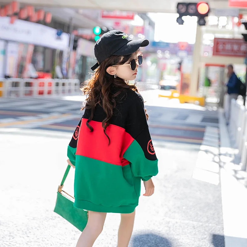 

Girls Clothes Spring Autumn Fashion Round Neck Sweatshirt Med-length Letter Print Top Teenager Clothing Patchwork Pullover 4-14Y