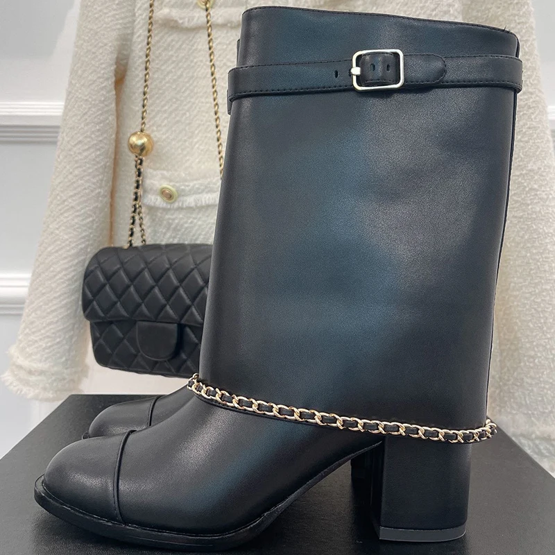 

New Trouser Legs Short Boots 2023 Autumn Unique Metal Decor Height Increasing Female Boots Buckle Strap Design Women Shoes