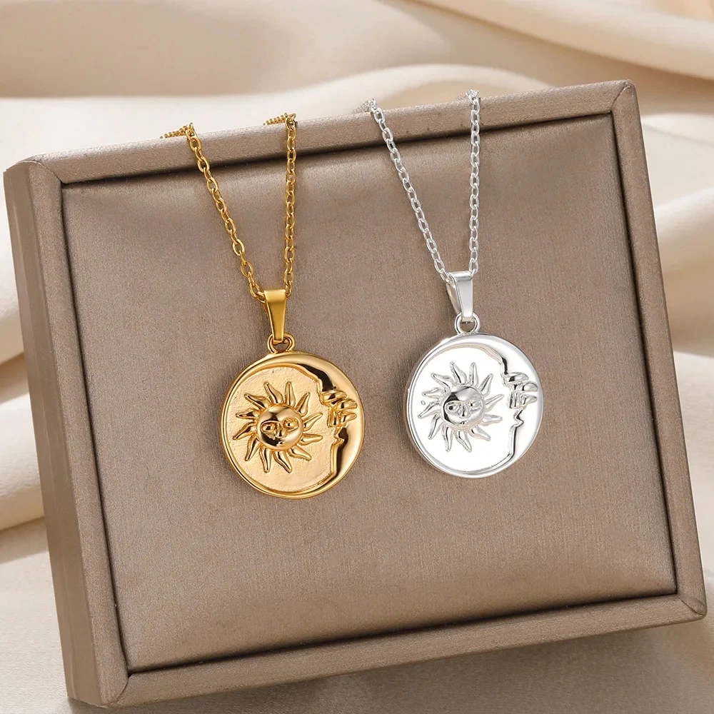Stainless Steel Necklaces Sun Moon Pendant Clavicle Chain