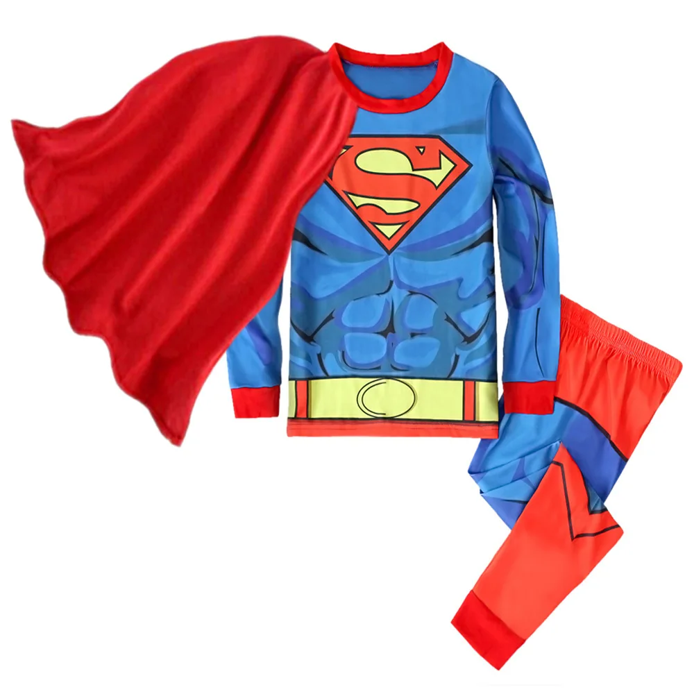 Kids Pajamas Set Children Super Hero Captain America Batman Cosplay Pajamas Cartoon Spider-Man Long Sleeve Top+Pant+Cape Suit 2-8T Baby Sleepwear