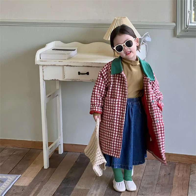

Girls Woolen Coat Jacket Cotton Outwear 2022 Plaid Warm Thicken Velvet Winter Breathe Christmas Children's Clothing