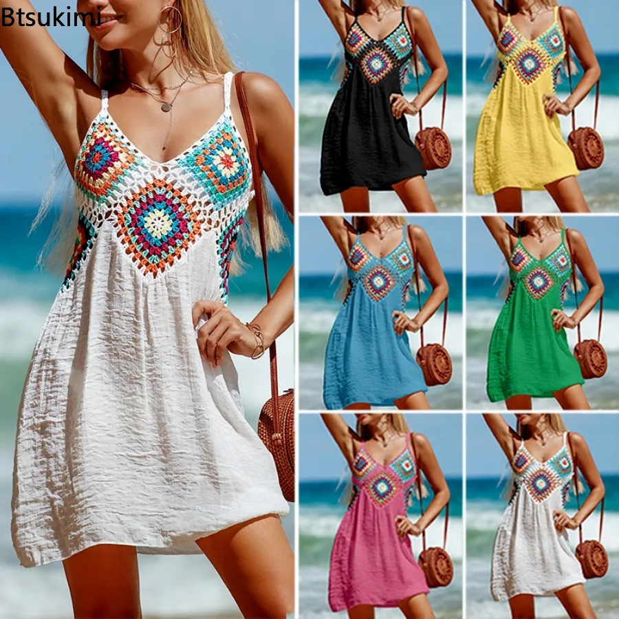 

New Women Bikini Cover-Ups Sling Mini Beach Dress Summer Boho Vintage Sleeveless V Neck Cutout Patchwork Short Sundress Swimwear