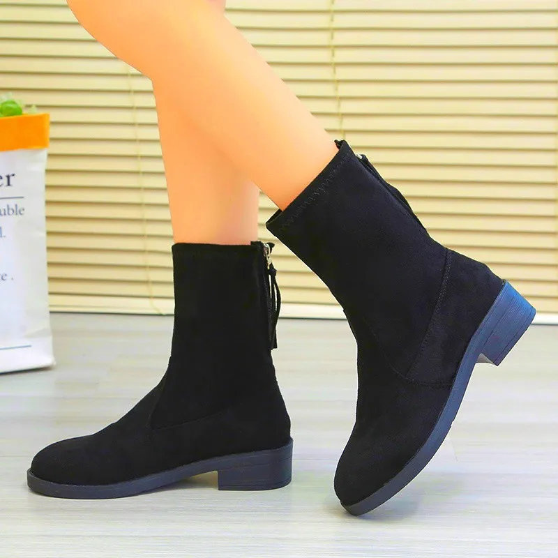New Shoes for Women Fashion Zipper Women's Boots Winter Round Toe Solid Flock Casual Short Barrel Low-heeled Roman Shoes Women