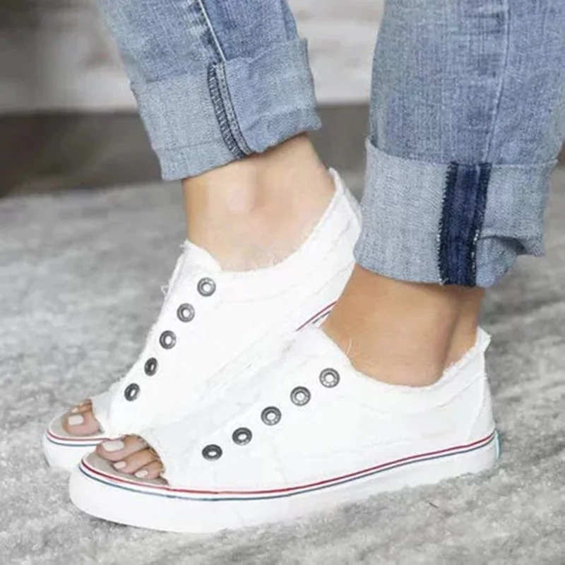 Women Vulcanized Shoes Korean Style Flat Heels Canvas Shoes Fashion Peep Toe Women's Sandal