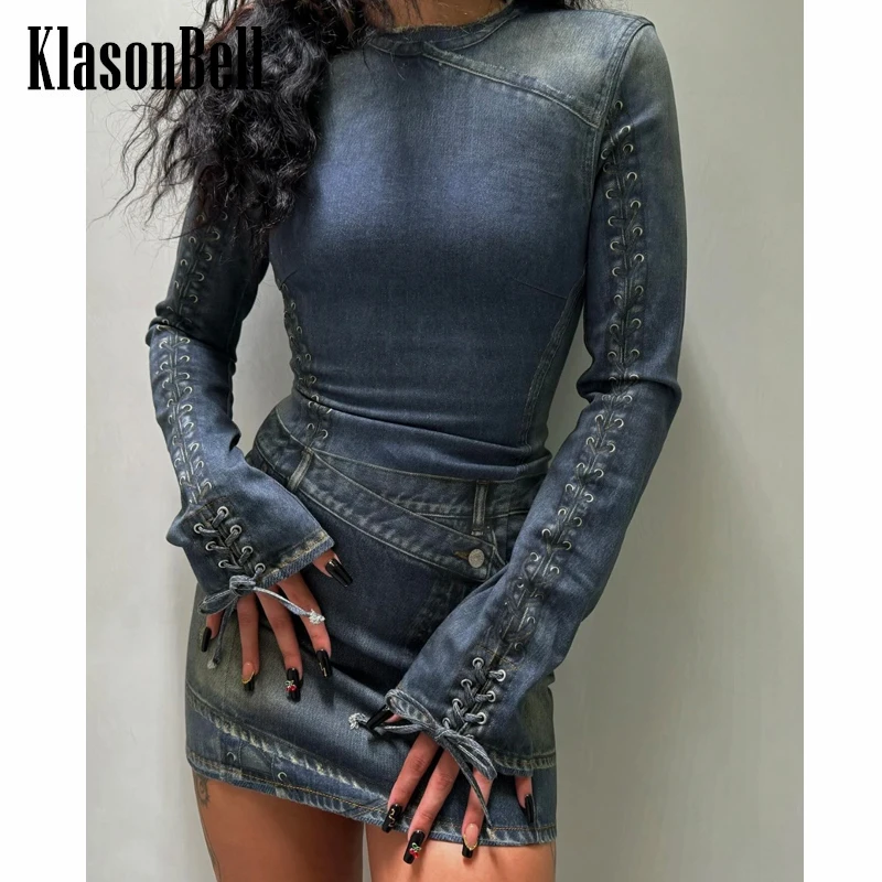 

5.2 KlasonBell Fashion Denim Print Bandage Long Sleeve Mini Dress Women Frayed Distressed O-Neck Slim Package Hip Dress