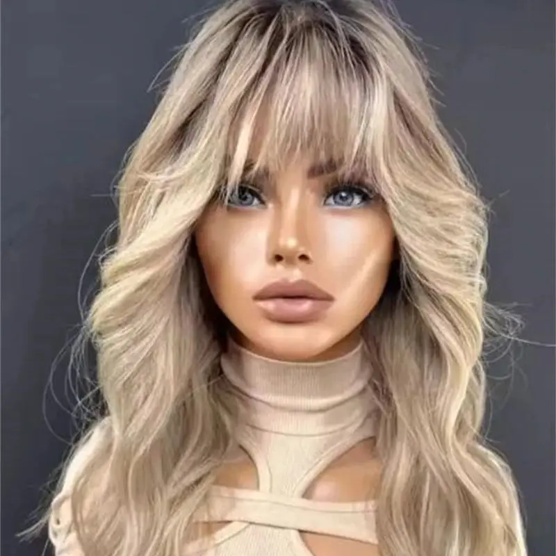 Ombre Platinum Blonde HD Transparent Synthetic Lace Front Wig Short Body Wave Bob with Bangs 18 Inch