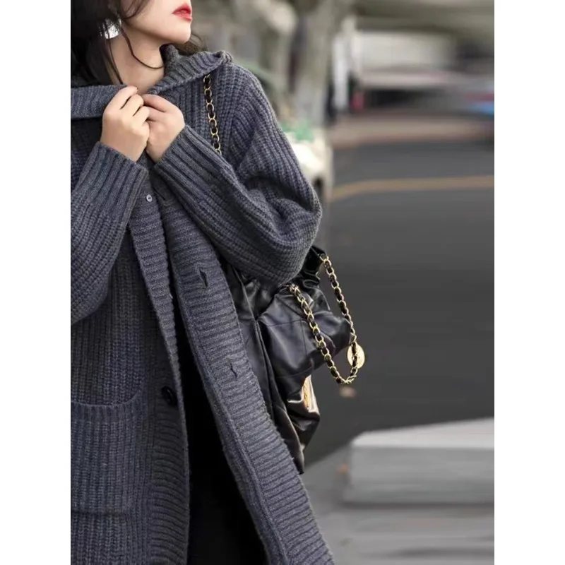 Autumn and Winter New Women's Hooded Cardigan Long-sleeved Sweater Casual Loose Medium and Long Solid Color Knitwear Jacket