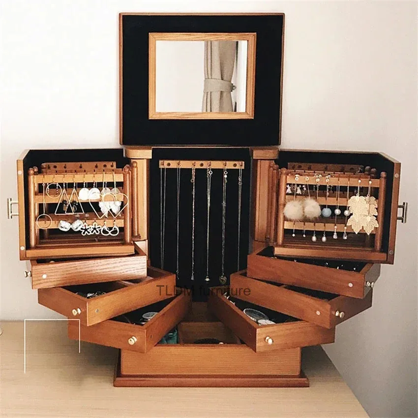 

Wooden Jewelry Box Organizer Large Capacity Retro Solid Wood Jewelry Earrings Storage Box Home Princess European Korea Style