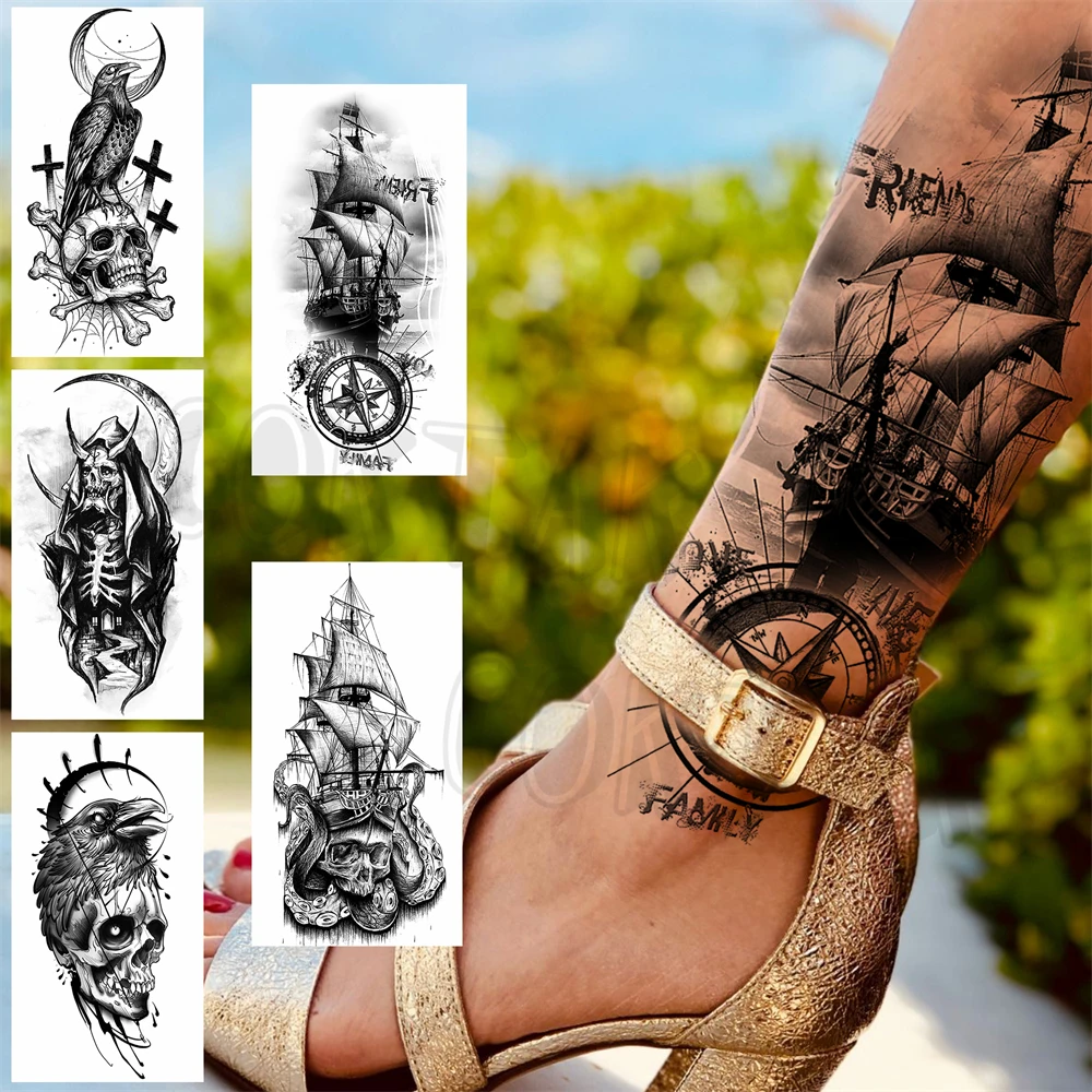 

Black Pirate Ship Compass Temporary Tattoos For Women Adult Men Skull Owl Moon Fake Tattoo Realistic Body Art Decoration Tatoos