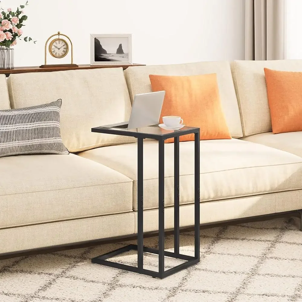 C Shaped End Table Set of 2 Modern Tempered Glass Snack Table Sofa Couch Bed Small Space Use 5
