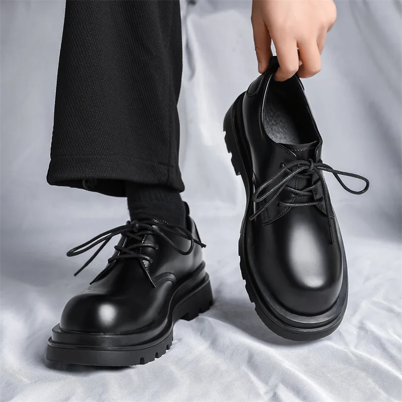 Leather Men's Casual Commuter Business Dress Spring New Carbon Black Thick Sole Heightening Niche Derby Shoes