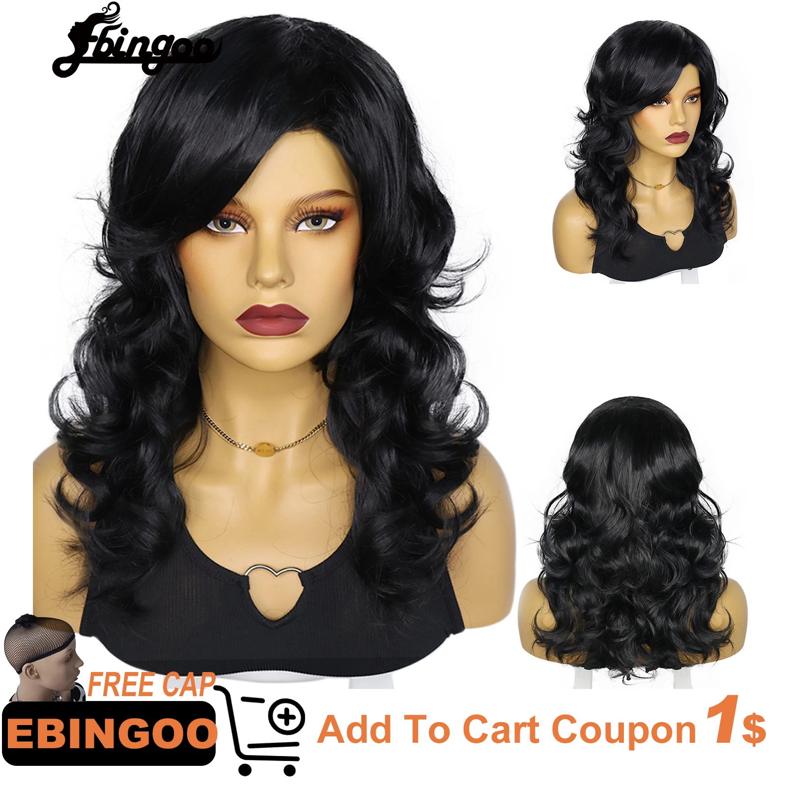 Ebingoo Synthetic 24INCH Natural Black Body Wave Wigs with fringe Full Machine Made Wigs High Temperature Fiber Hair for Women