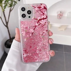 Peach Blossom Glitter Quicksand Heart & Star Liquid Silicone Case Cover - iPhone 15 Pro Max (Up peach blossom)