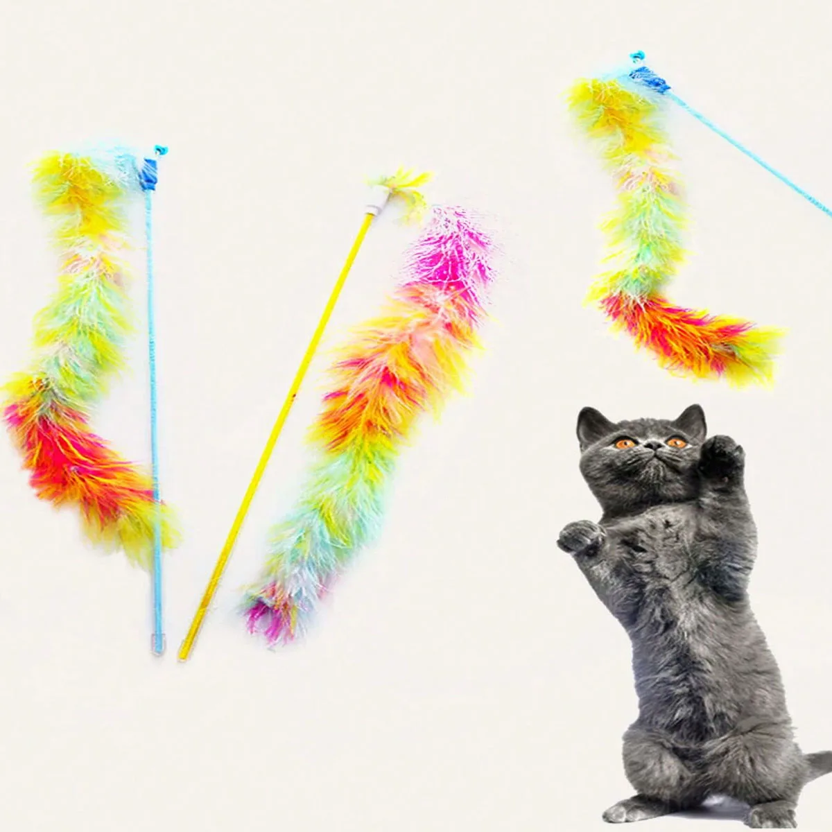 3pcs-Seven Colorful Feather Cat Toy Stick Fairy-like Pet Supplies Interactive Fun