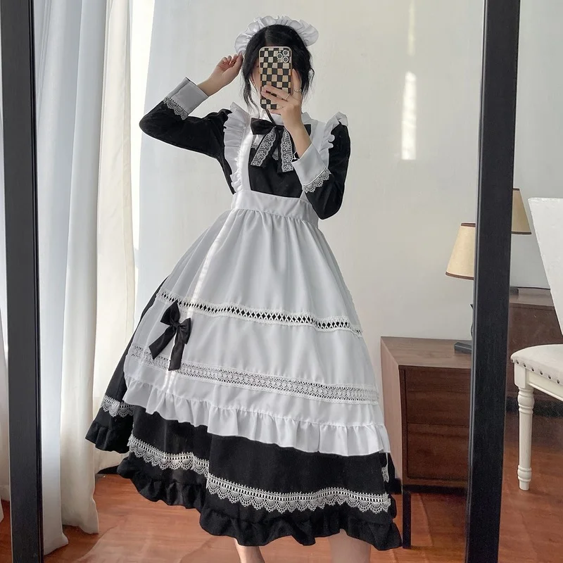 Plus Size Lolita Dress Anime Cosplay School Girl Maid Uniform Goth Lolita Black White Medieval Dress Long Sleeve Apron Outfits lolita dress lolita suspender dress lolita cosplay costumes suspender dress lolita skirt lolita blouses