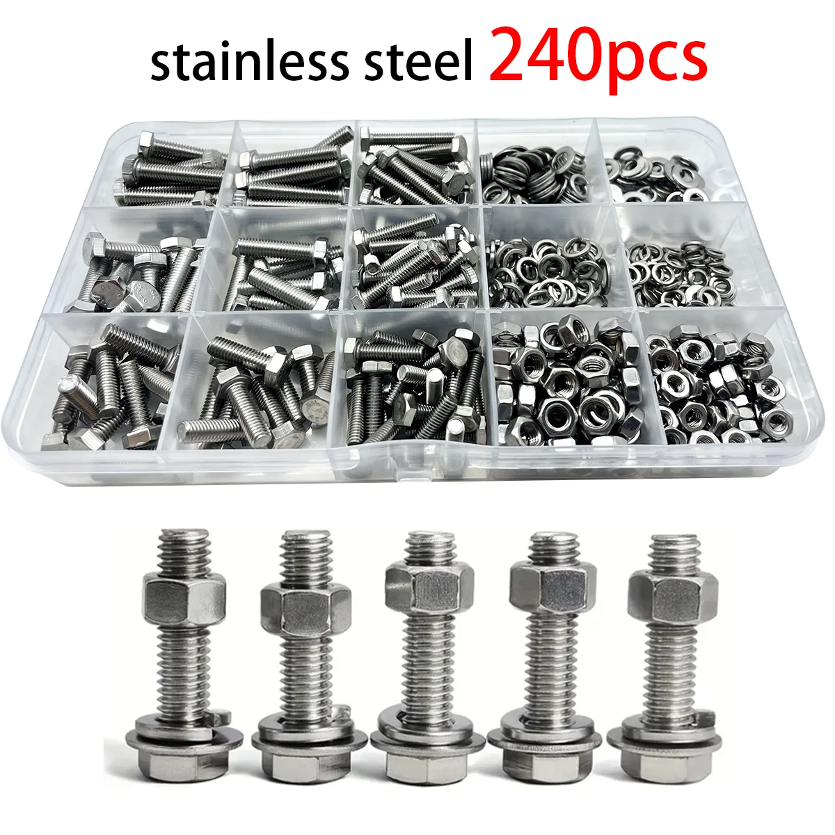 240pcs Stainless Steel Hex Head Bolt and Nut Combo Kit M4 M5 X 16mm 20mm 25mm Full Thread Set