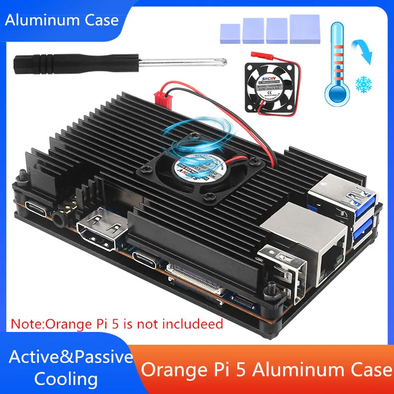 Orange Pi Aluminum Alloy Shell with Fan Heat Sinks Active Passive Cooling Metal Enclouse Production Box for Orange Pi 5 / 5B