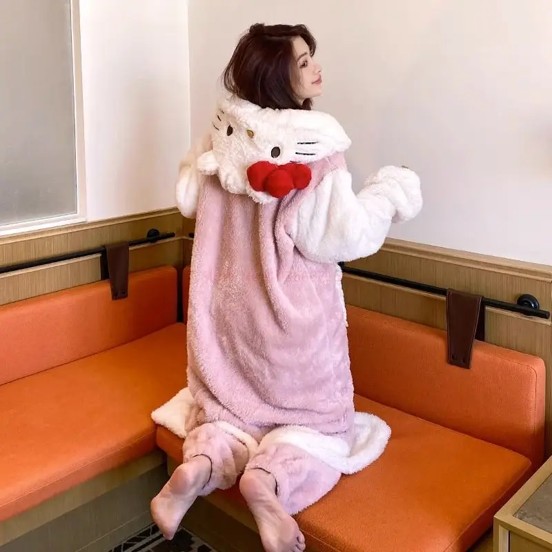 

2023 New Hello Kitty Kawaii Sanrio Cute Bow Furry Pajamas Autumn Winter Sweet Girl Long Pajama Anime Plush Couple Loungewear
