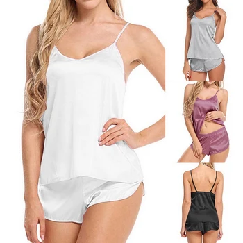 Women Sexy Ice Silky Pajamas Nightclothes Sleepwear Camisole And Shorts White Black Gray L XL XXL Comfortable Casual Summer 3