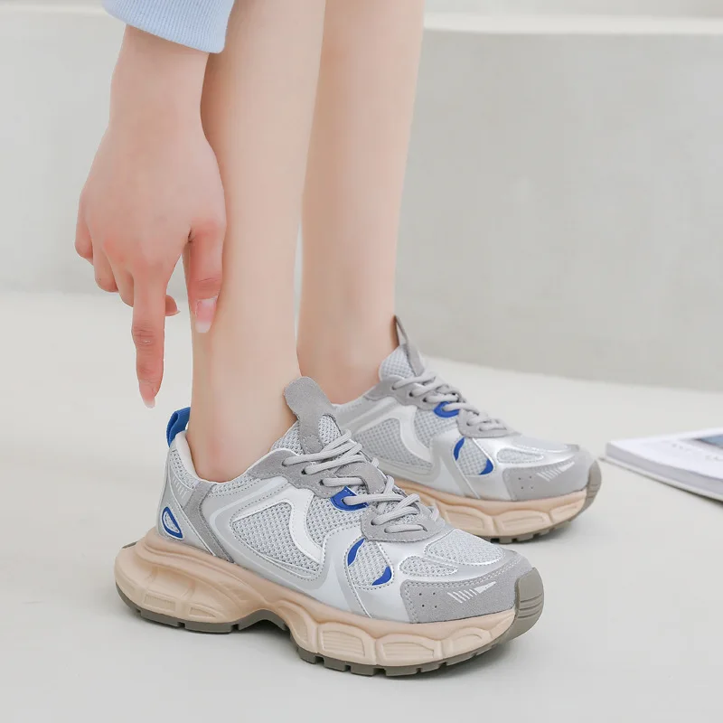 Fujin 5.5cm New Air Mesh Genuine Leather Platform Wedge Chunky Sneakers Shoes Breathable Women Summer Hollow Walking Mixed Color