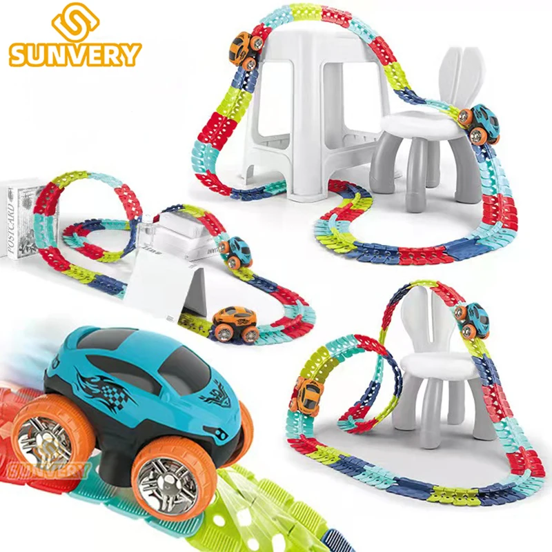 Auto-Track-Set-Rennstrecken-Spielzeug für Jungen  Kinder-Spielzeug-Geburtstagsgeschenke mit Rennwagen, flexible veränderbare  magische