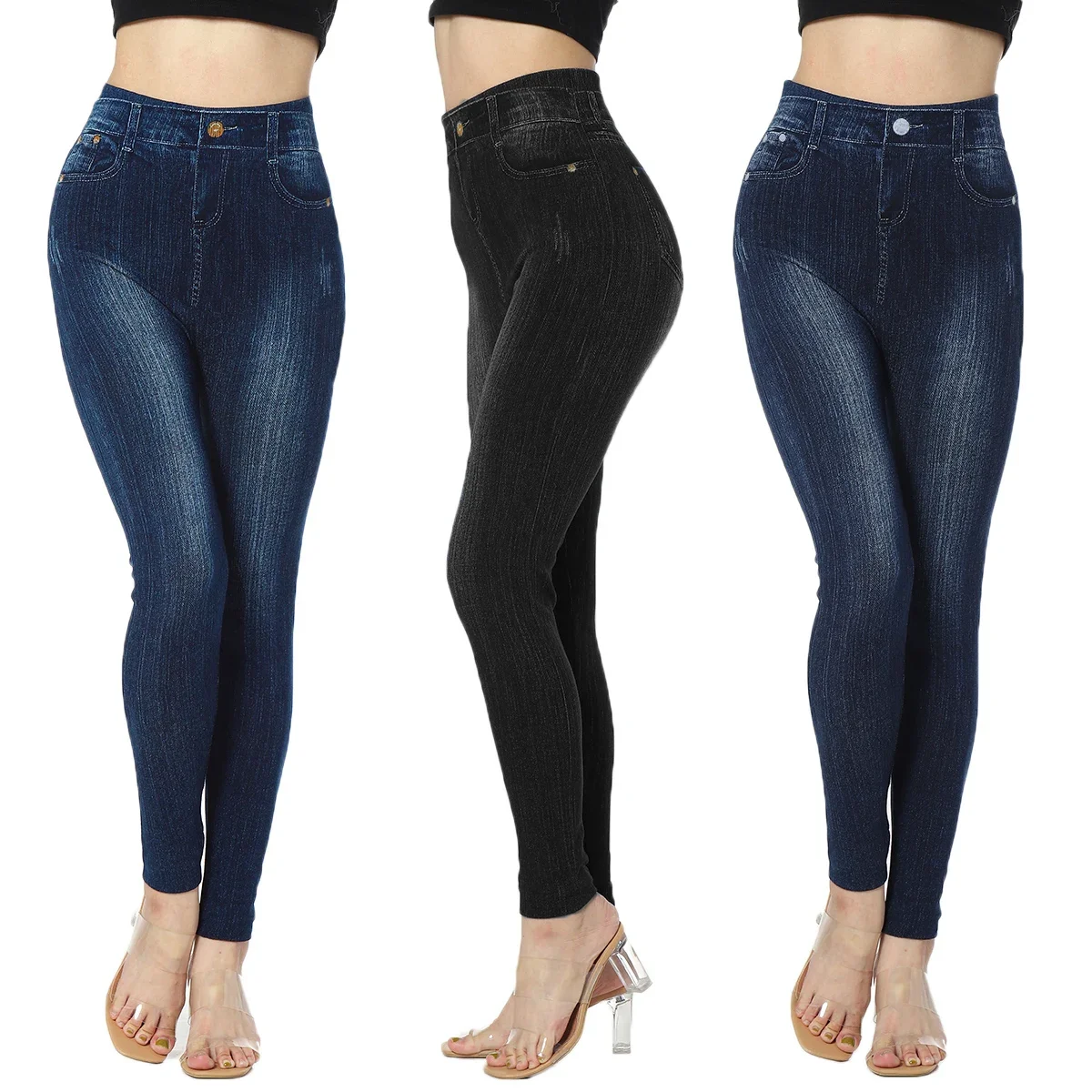 Femme Pantalon Seamless Leggings Women Print Jeggings Cotton 2022 Sexy Girl Knitted High Waist Faux Jeans Denim Fitness Leggings high waist faux denim jean leggings slim elastic seamless skinny pencil pant female workout jeggings running leggins blue black