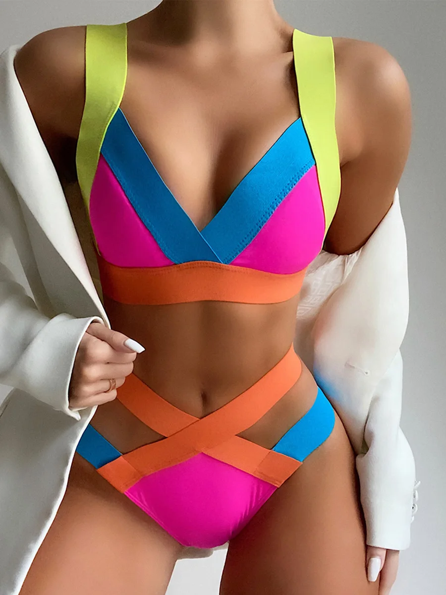 

Splicing High Cut Bikini Female Swimsuit Women Swimwear Two-pieces Bikini Set Strappy Sport Bikinis Bathing Suit Swim Beach Wear