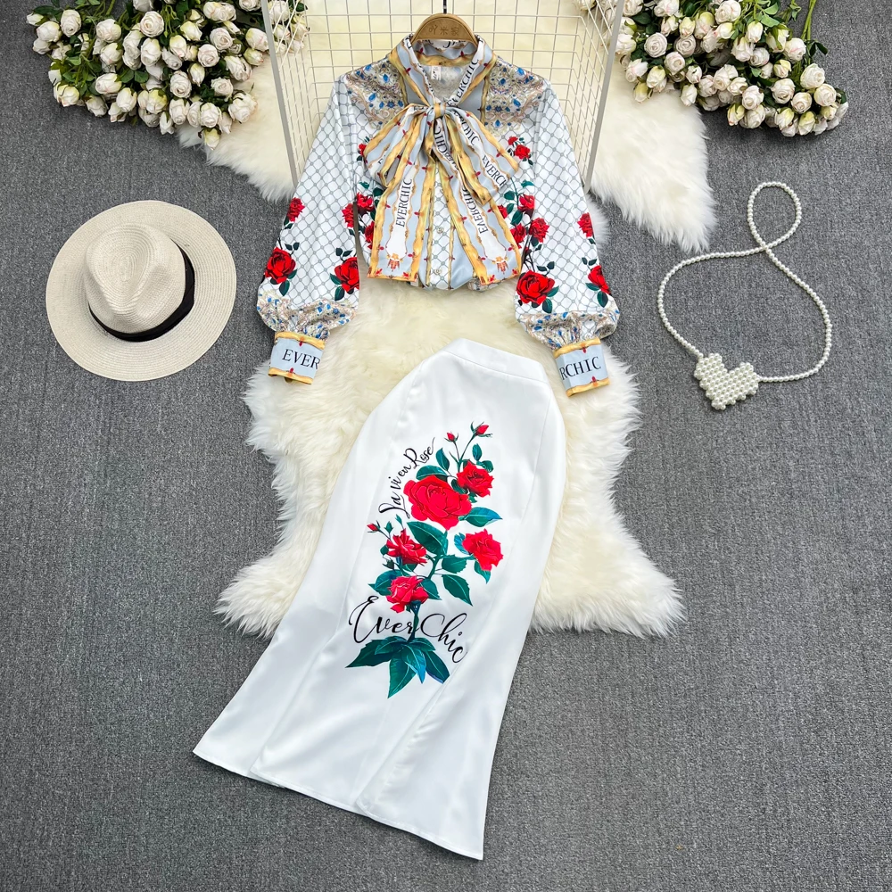 

Summer OL Professional Fashion Set with Bow Tie Single Breasted Loose Fitting Shirt Two-piece High Waisted Fishtail Skirt