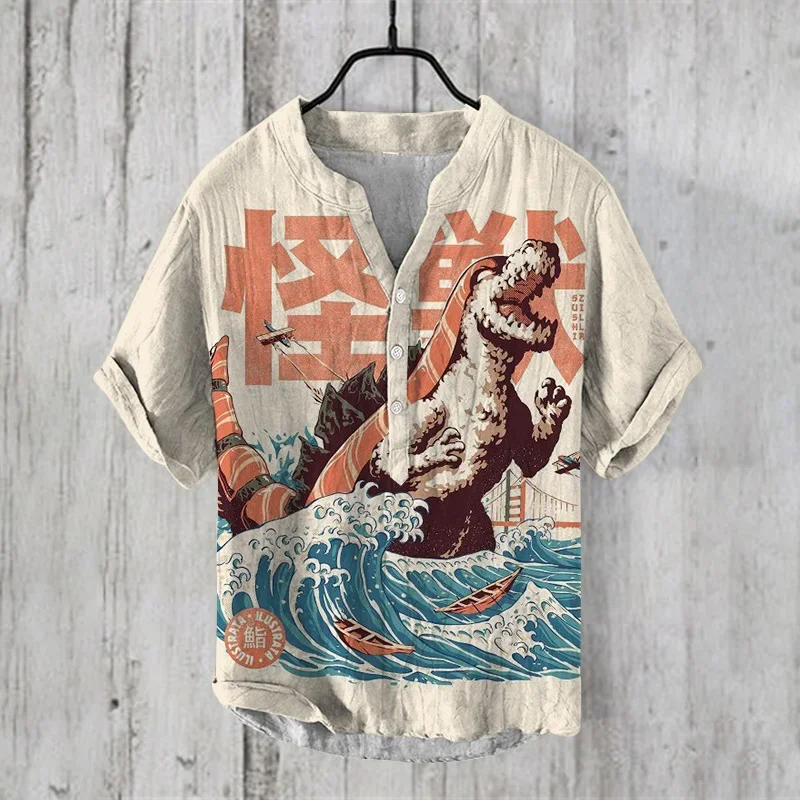2024 Summer Man Small V-Neck Japanese Art Cat Art Print Shirt men's casual Retro shirts Stylish and comfortable top 5