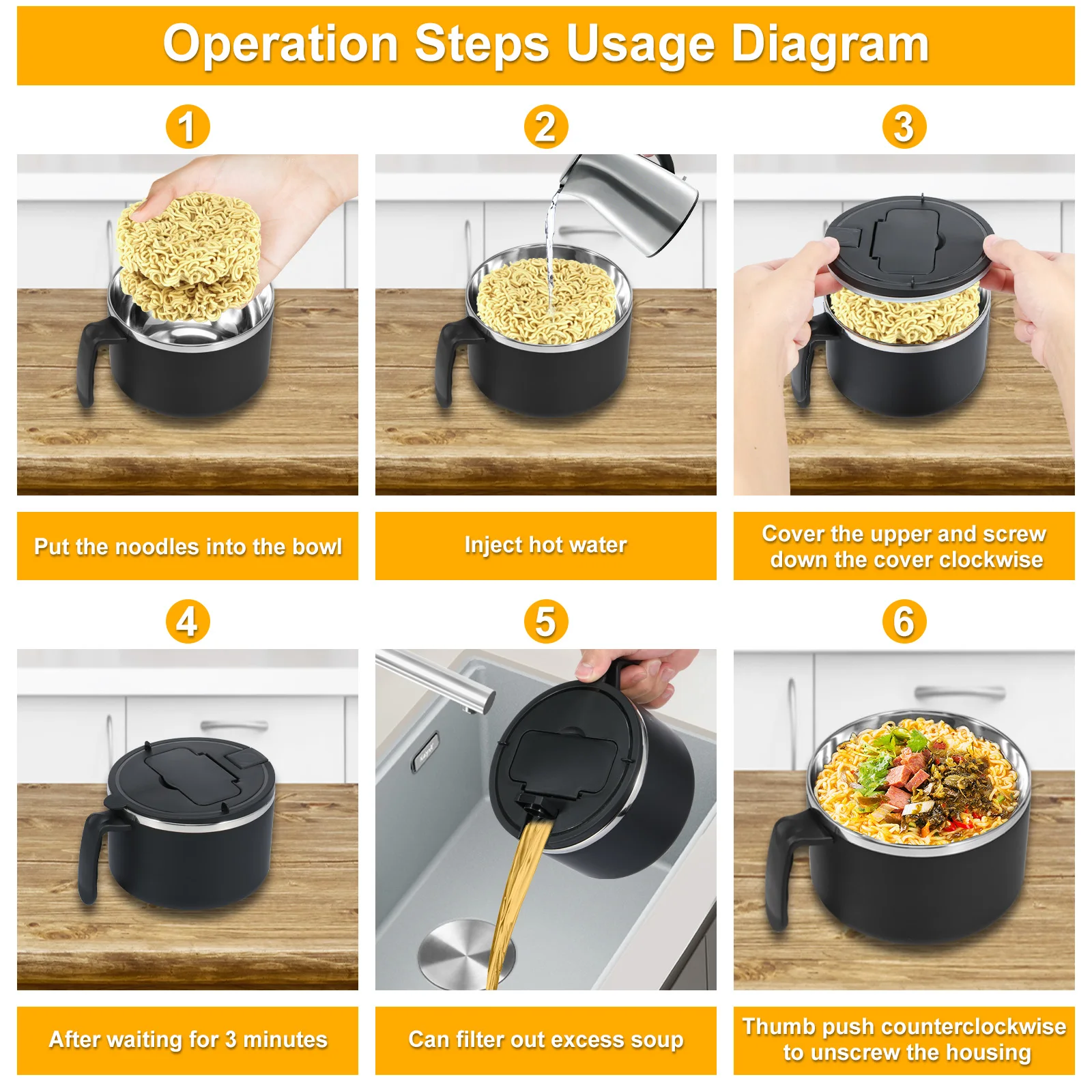 1200ml Rapid Ramen Bowl with Filterable Lid Microwave Ramen Noodle Bowl with Spoon Chopsticks BPA Free Ramen Cooker Bowl