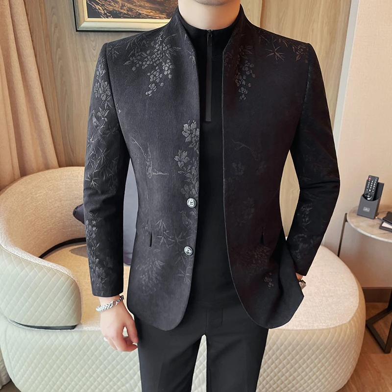 Men's New Chinese Stand Collar Blazer Jacket Fashion Elegant Printed Slim Fit Business Suits Jacket Tailcoat Men Clothing