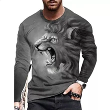 

Lion printing pattern Men's Long Sleeve Spring Fashion Casual Round Neck Comfortable Breathable Cotton RetroLong-Sleeved T-Shirt