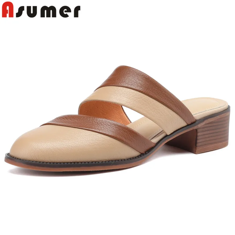 

ASUMER 2024 New Sheepskin Leather Slippers Women Mixed Colors Square Med Heels Shoes Top Quality Ladies Casual Outside Slippers
