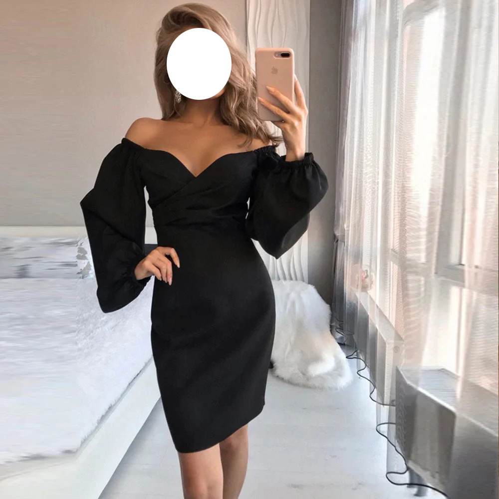 Customized Black V-Neck Straight Long Sleeves Cocktail Dress Sexy Above Knee Length Jersey Made for Woman Vestido