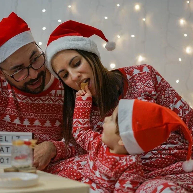 Family Christmas Pajamas Set Mother Father Kids Matching Outfits Xmas Family Look Cute All Over Print 2 Pcs Suit Sleepwear