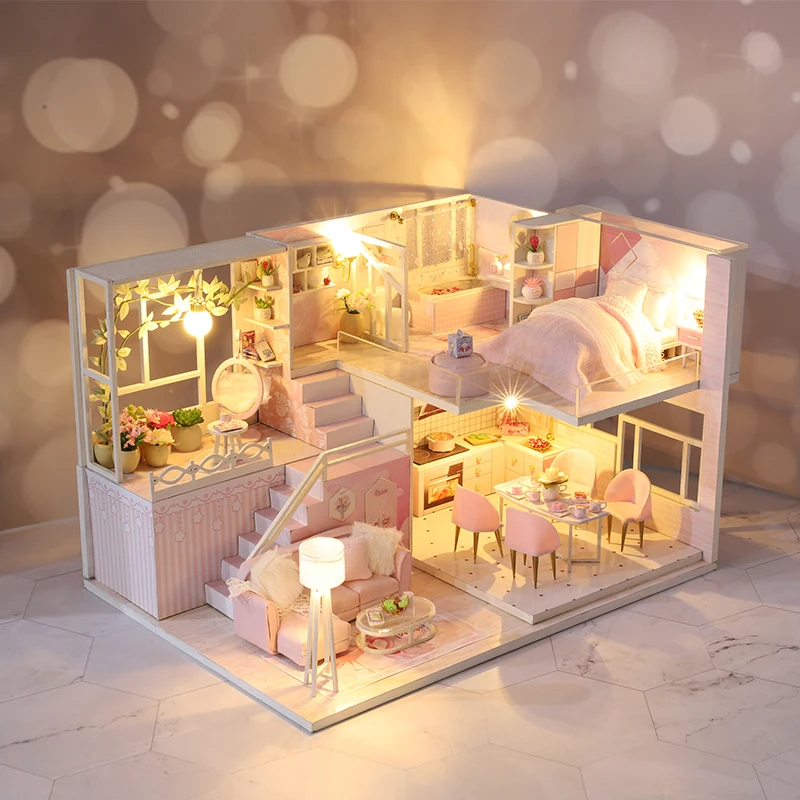 DIY Wooden Doll Houses Princess Casa Miniature Building Kits with Furniture Led Dollhouse for Girls Birthday Gifts 5