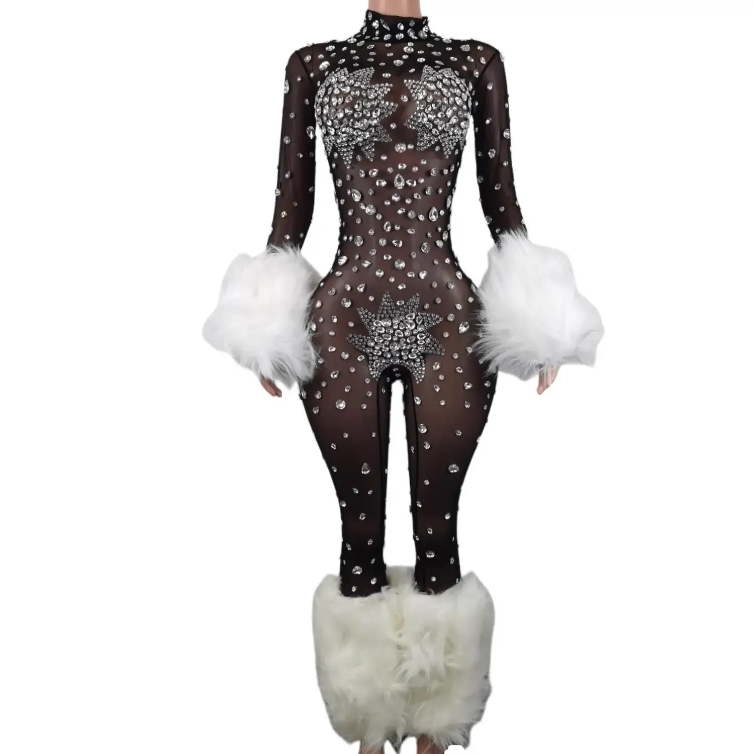 

Singer Stage Wear Rhinestone Hairy Jumpsuit Women Nightclub Bar Gogo Dance Clothing Black Stretch Bodysuit Drag Queen Costumes