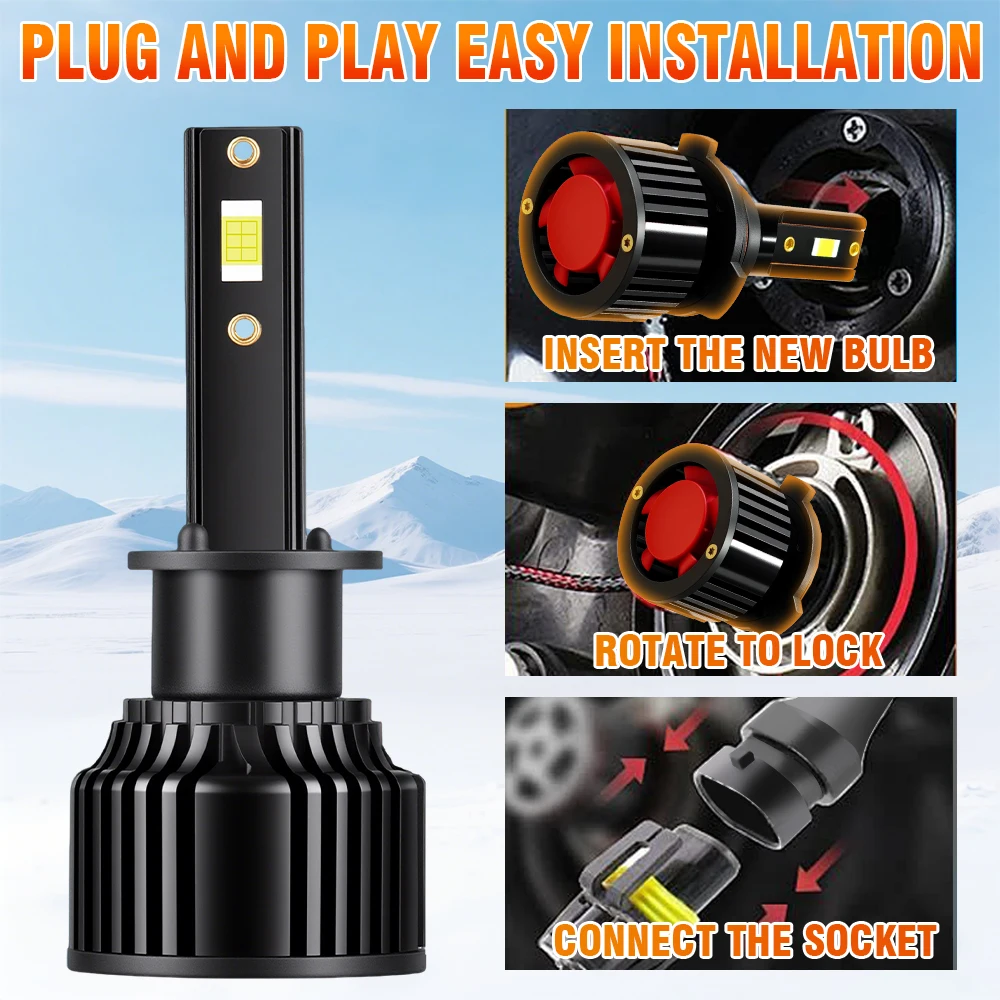 2개입 자동차 조명 LED H1 20000LM LED 램프 자동차 헤드라이트 전구 DC12V 6000K 화이트 자동차 전구 3570 CSP