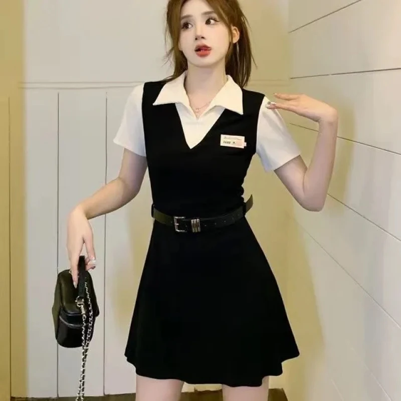 

Women's Fench Summer Preppy Style Mini Fake Two Piece Dress Korean Lady Polo Collar Patchwork Sashes Dresses 2024 New Clothing